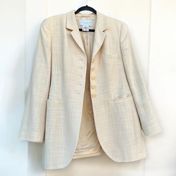 Vintage Contraire Louis Feraud Wool Blazer Skirt Suit Set Cream Tan Size 10 / 12 - Picture 6 of 7